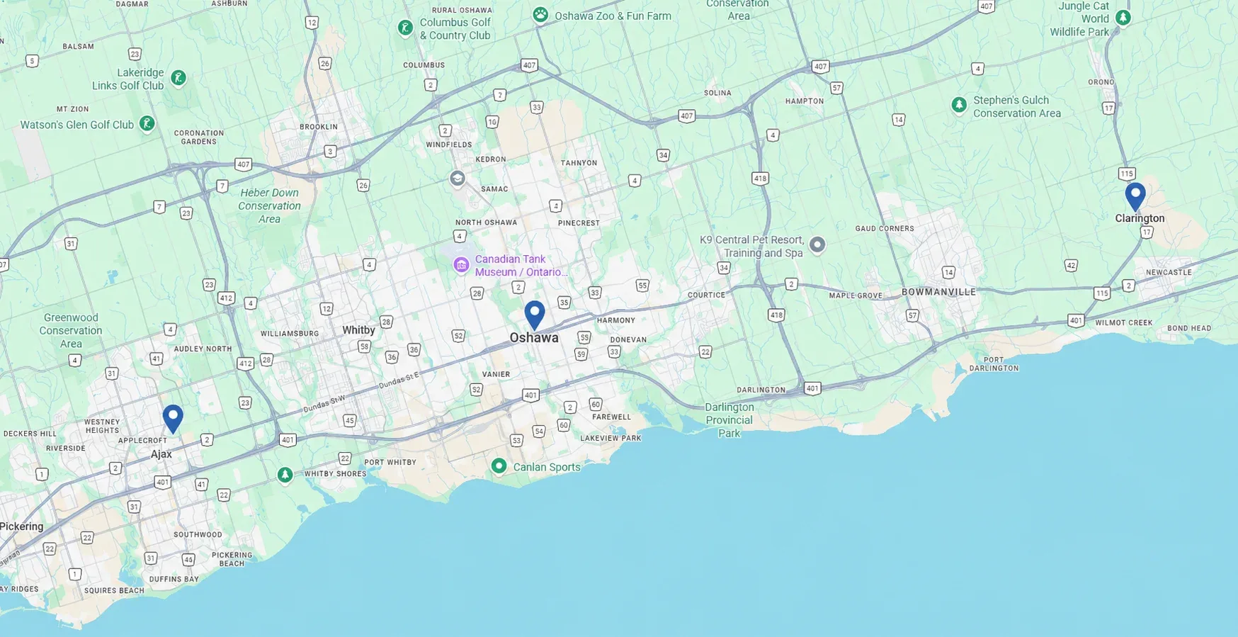 Lakeshore service area map — Oshawa, Ajax, Clarington